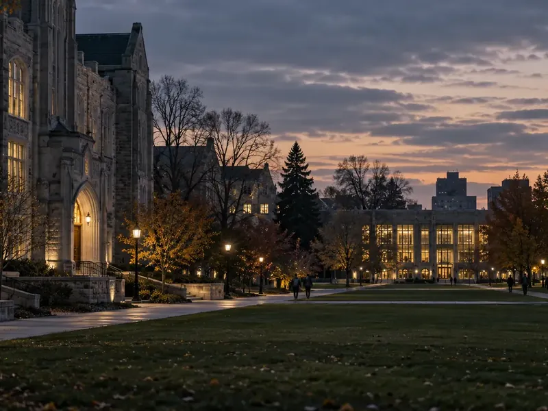 University quad at dusk with lit buildings