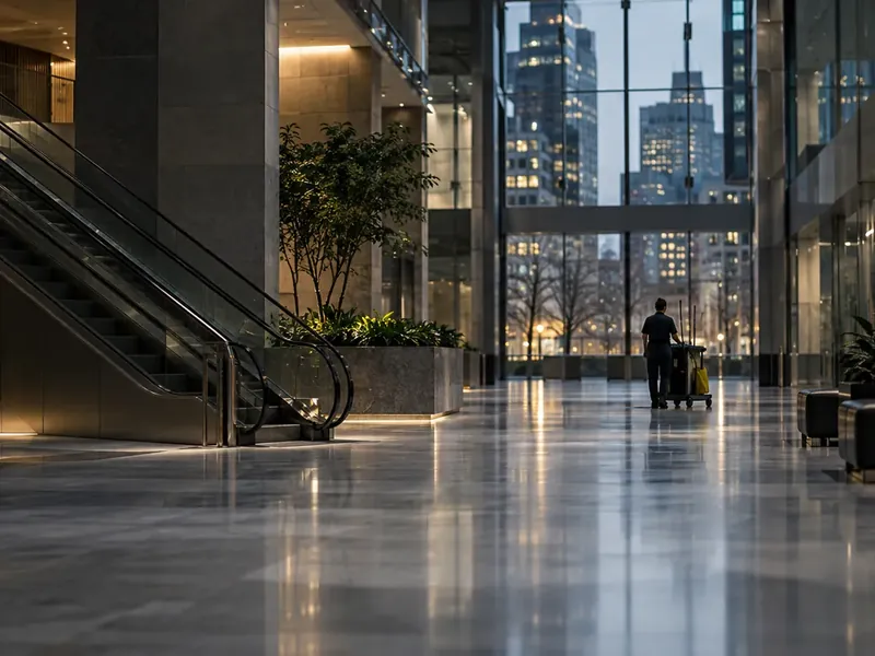 Office tower atrium after hours with a cleaner in the distance