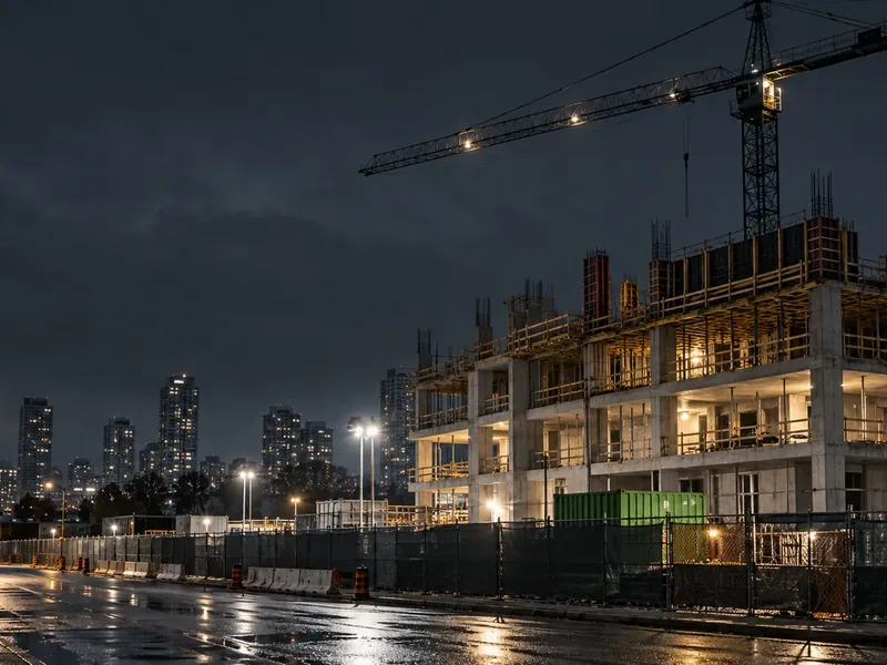 Residential construction site at night with site lights and a crane