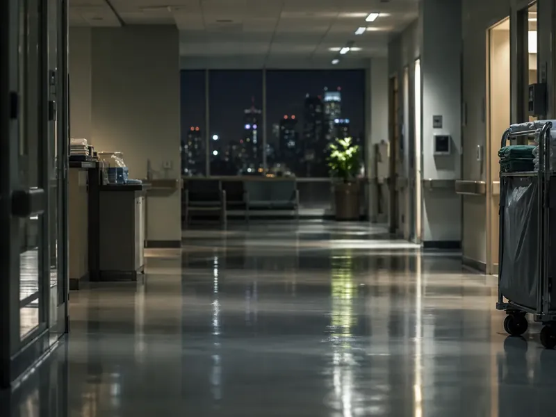 Quiet hospital service corridor at night