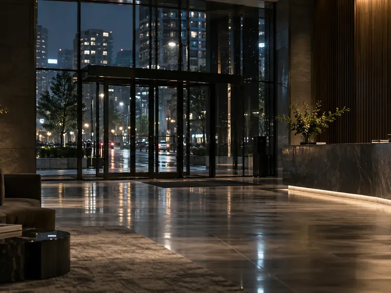 Condominium lobby at night with the concierge desk lit