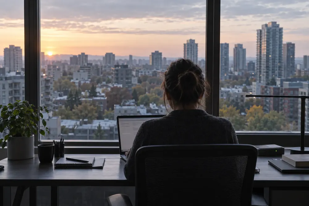 Property manager at a desk at dawn overlooking the city