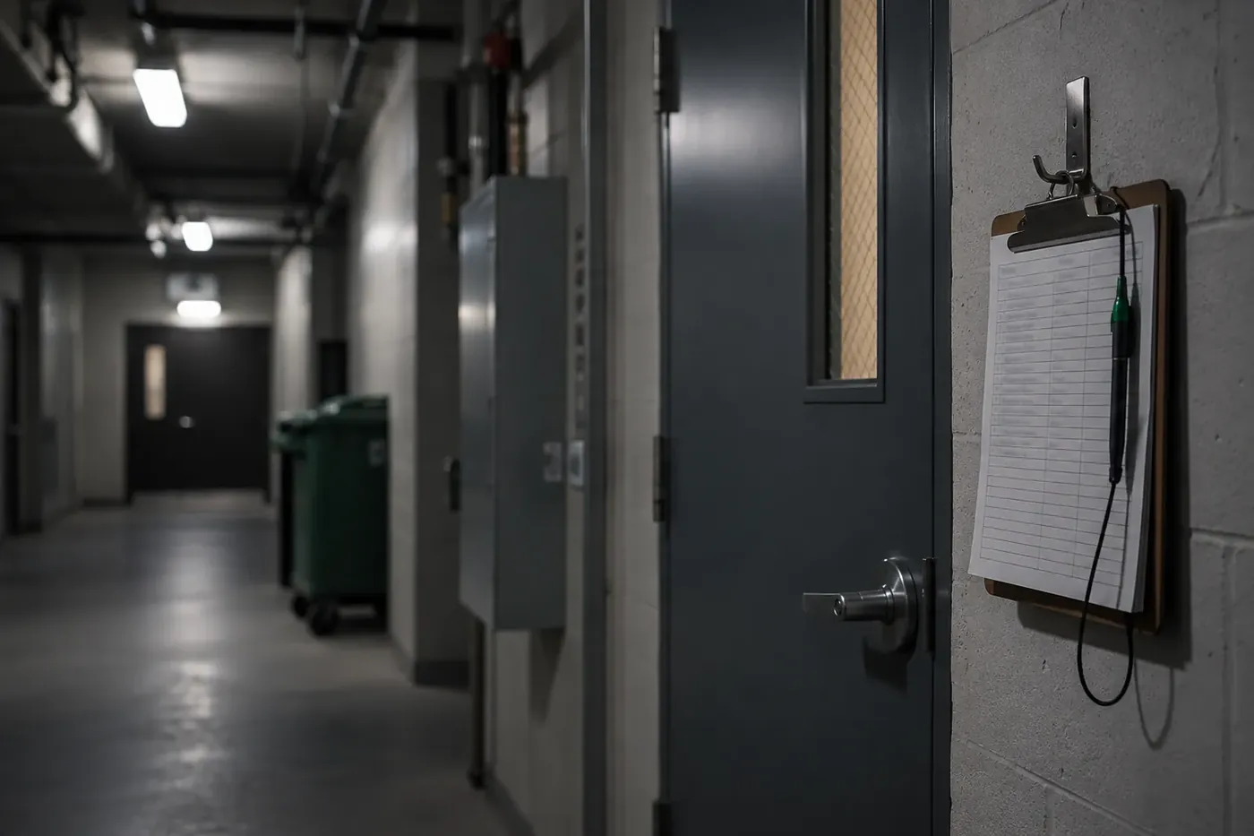 A paper patrol log on a clipboard hanging by a service door