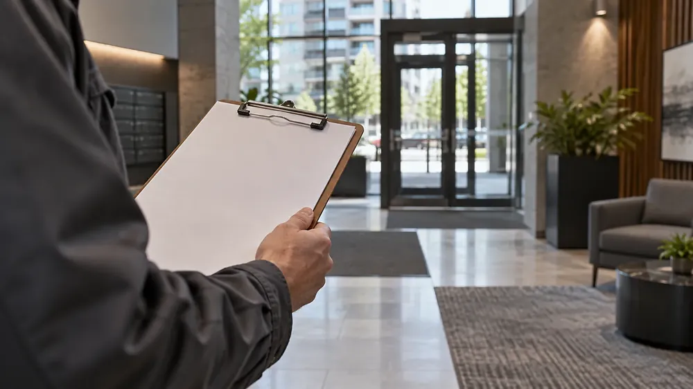 Superintendent with a clipboard in an apartment lobby