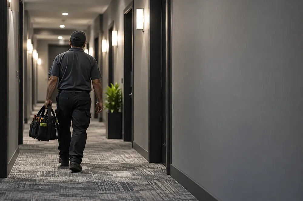 Maintenance technician walking down a condo hallway