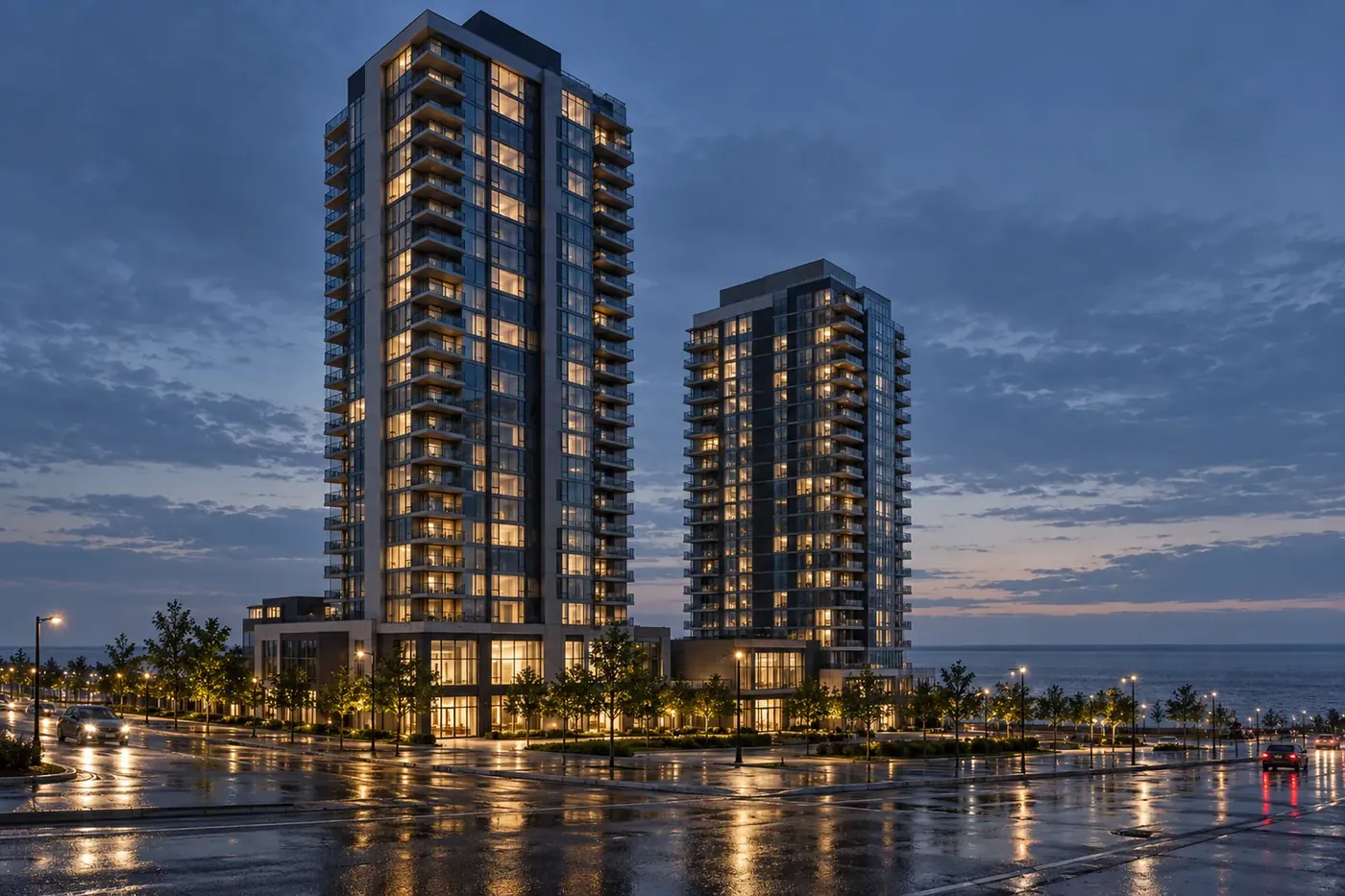 Two condominium towers at blue hour