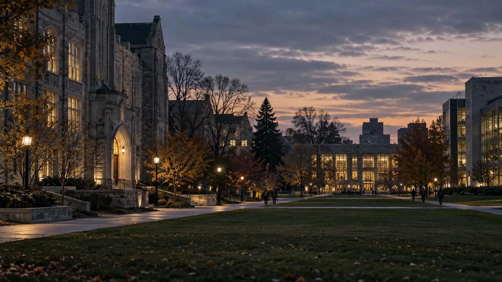 University quad at dusk