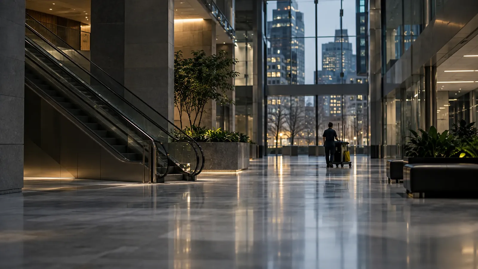 Office tower atrium after hours