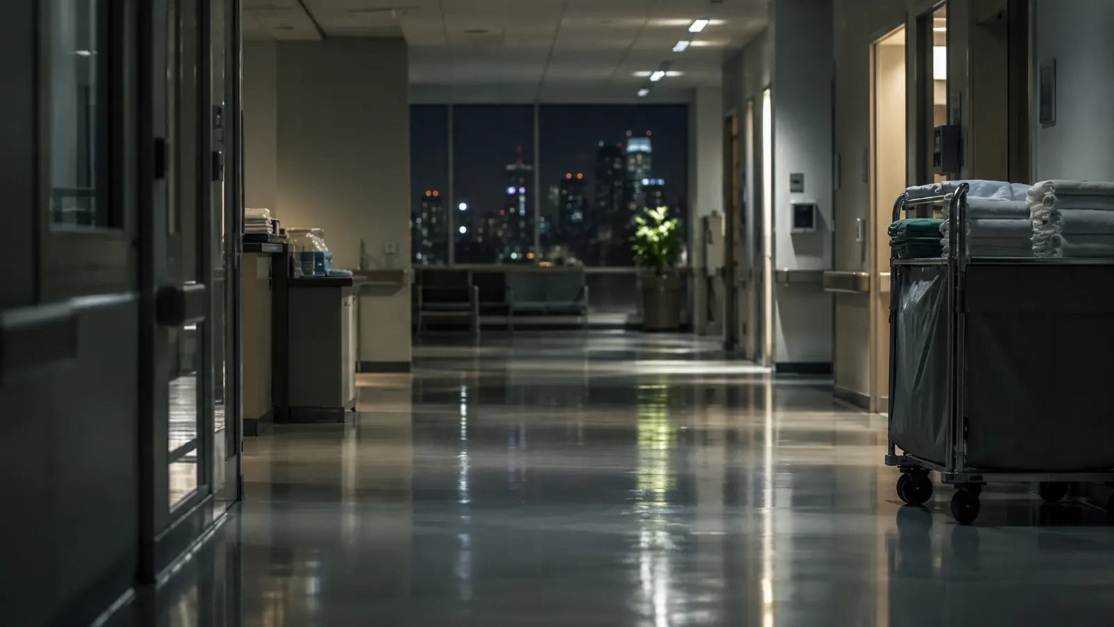 Hospital service corridor at night