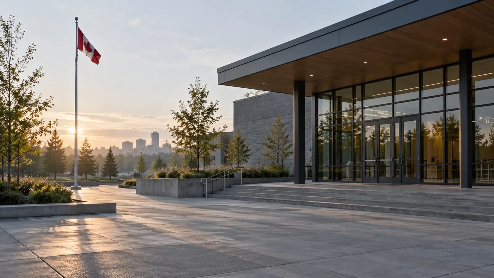 Municipal building entrance in early morning