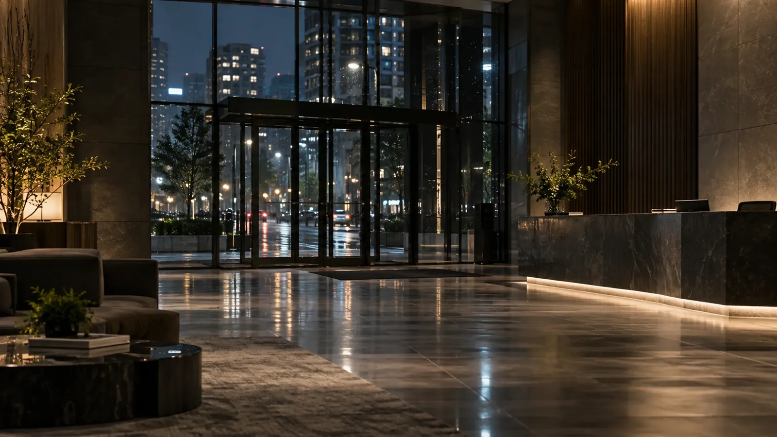Condominium lobby at night